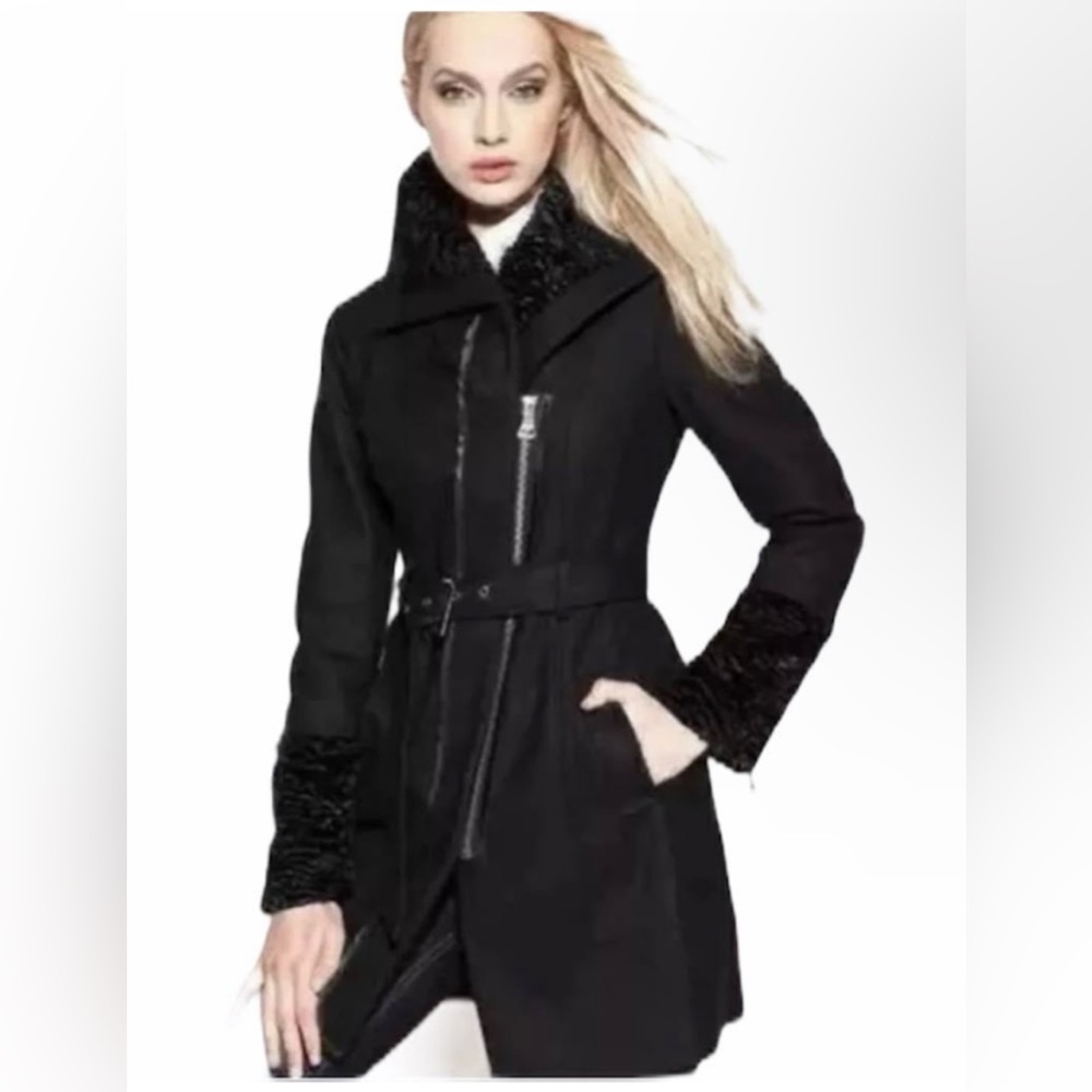 Guess Woolblend Faux Fur Trim Belted Coat in Black